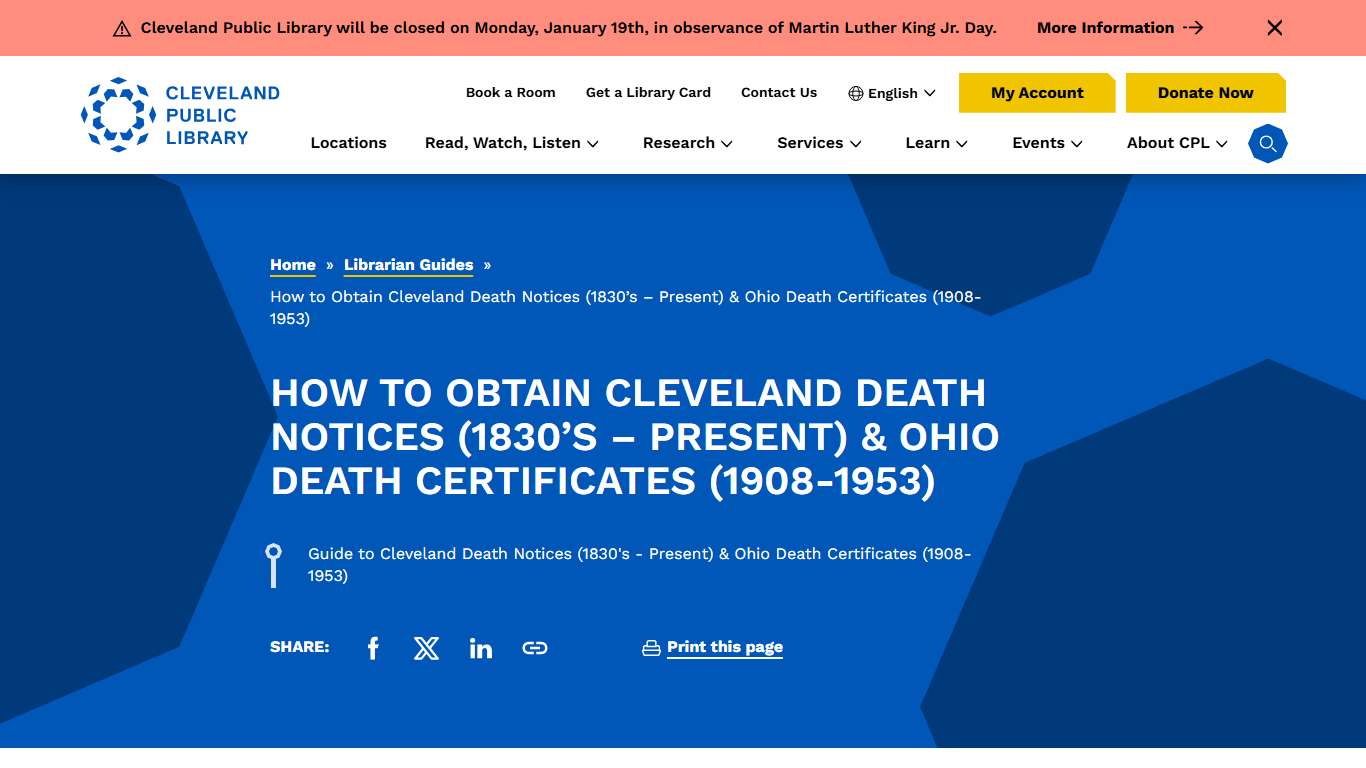 How to Obtain Cleveland Death Notices (1830's - Present) & Ohio Death Certificates (1908-1953) - Cleveland Public Library